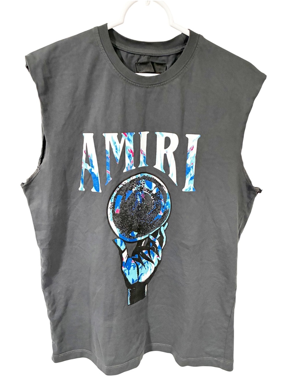 Amiri Men's Crystal Ball Crew T-Shirt Grey Size Large CUTOFF SLEEVES